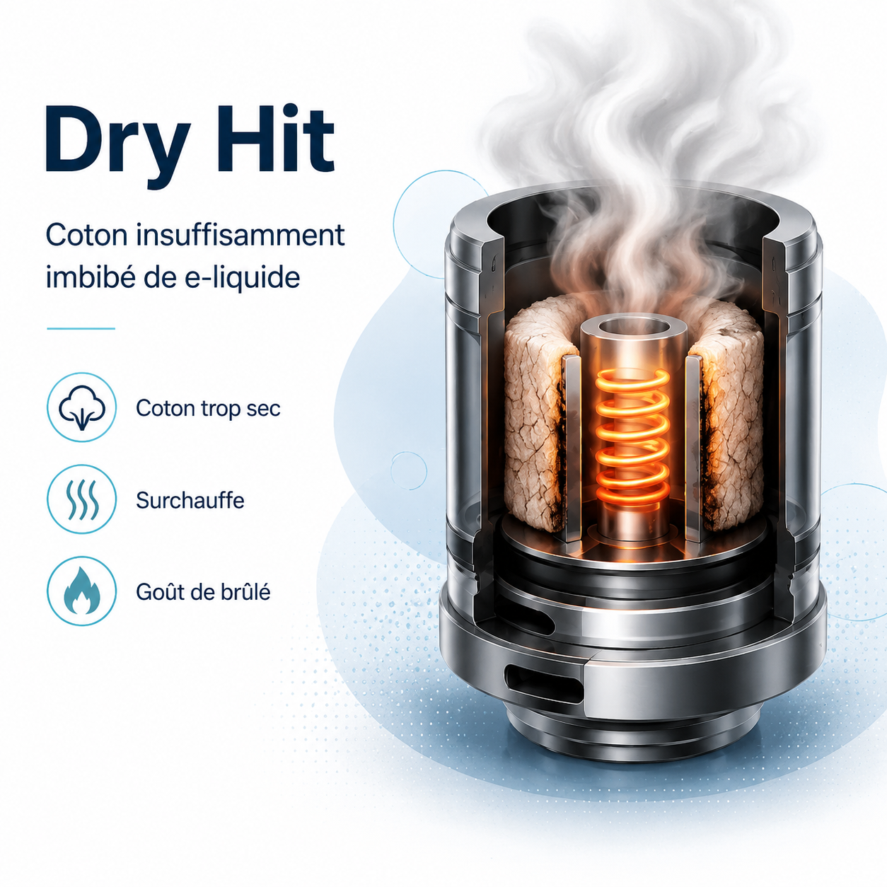 Dry hit et goût de brûlé Dry hit et résistance de cigarette électronique insuffisamment alimentée en e-liquide